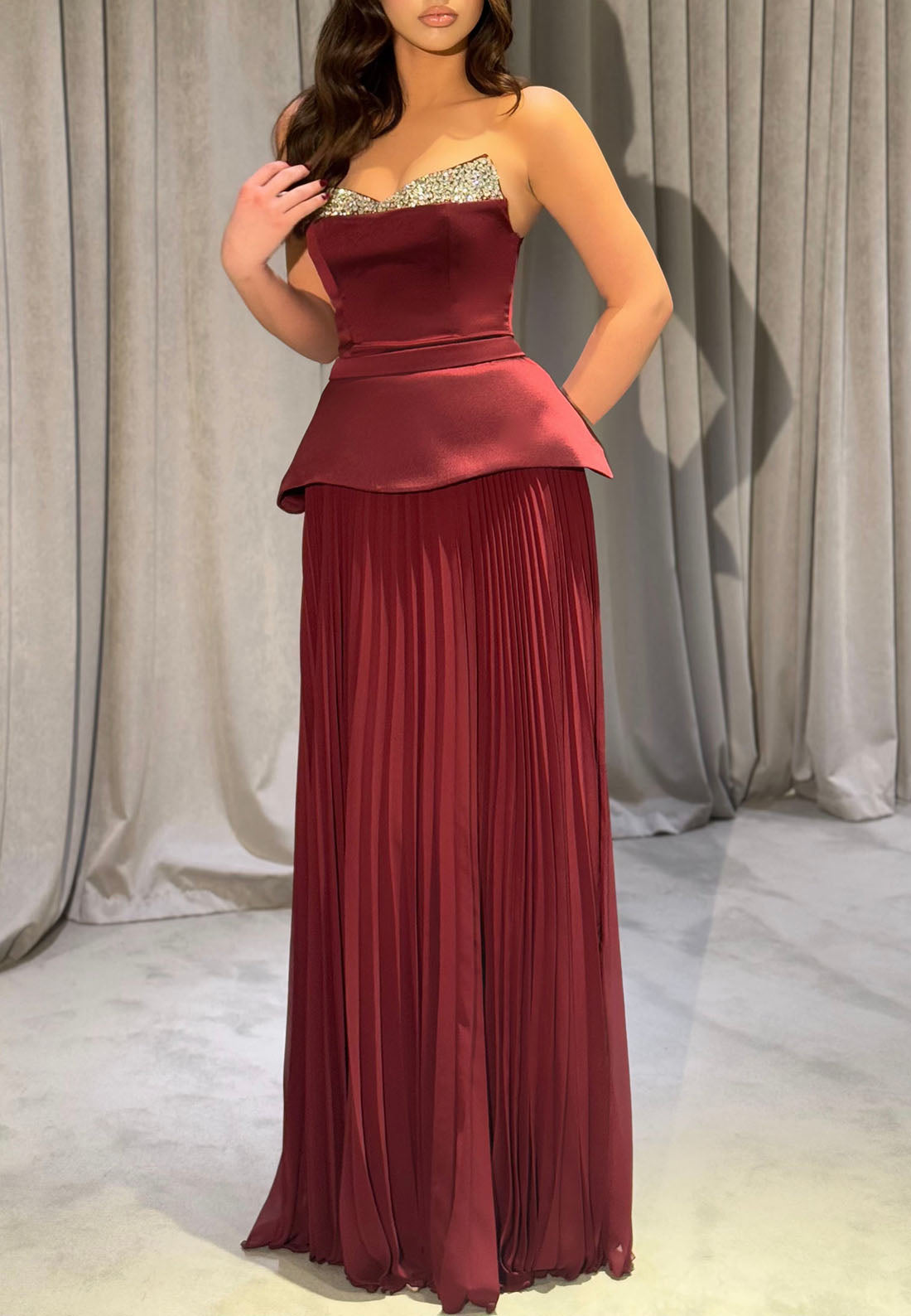 Strapless Rhinestone Peplum Pleated Gown