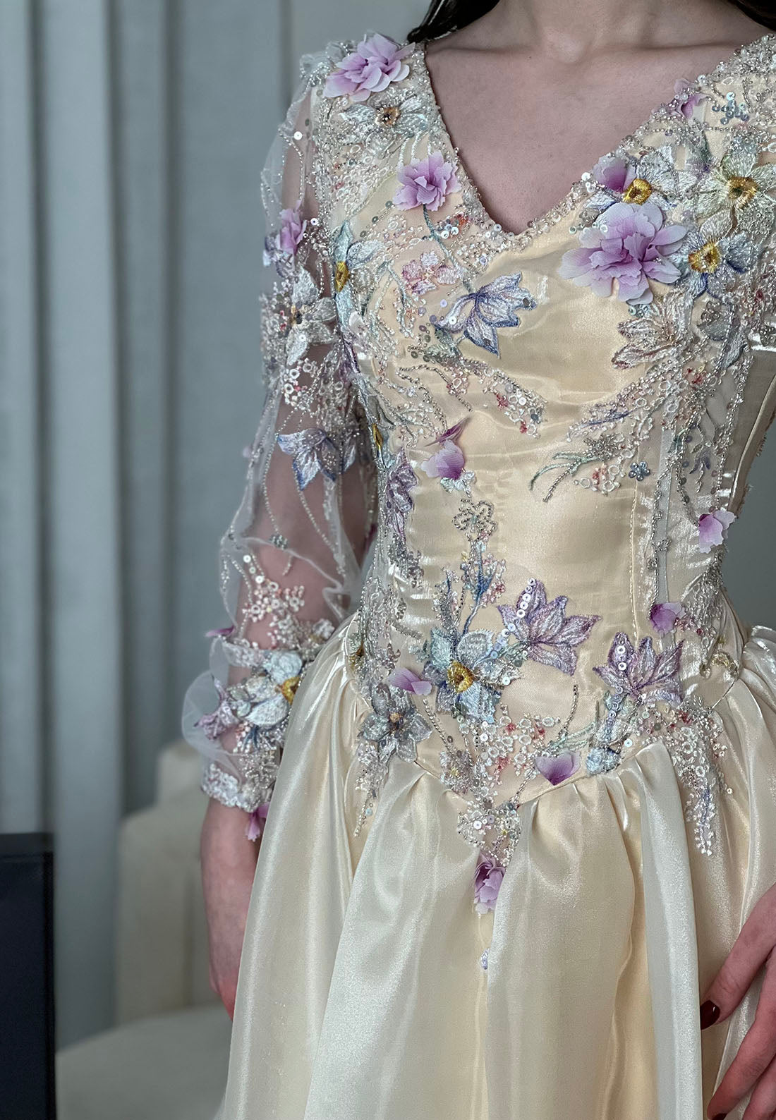Floral Applique Long Sleeve Evening Gown