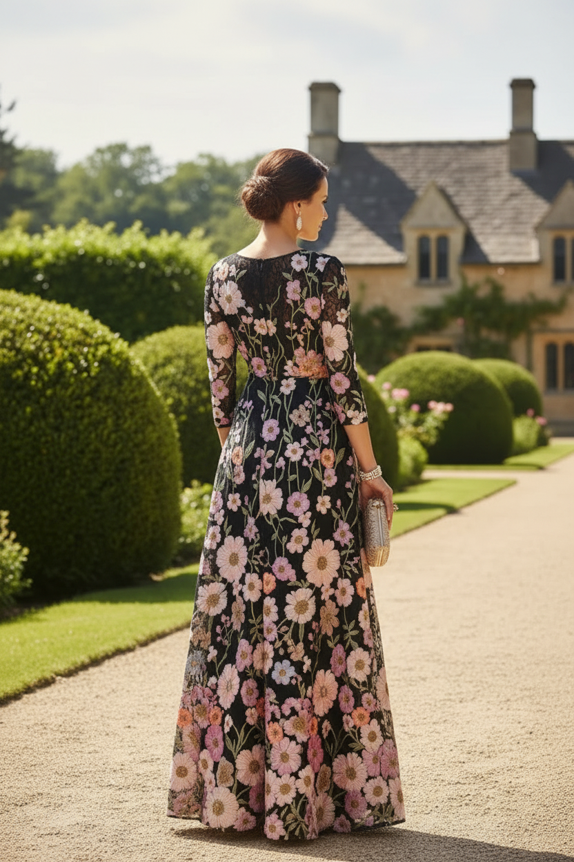 Floral Embroidered A-Line Maxi Dress with 3/4 Sleeves
