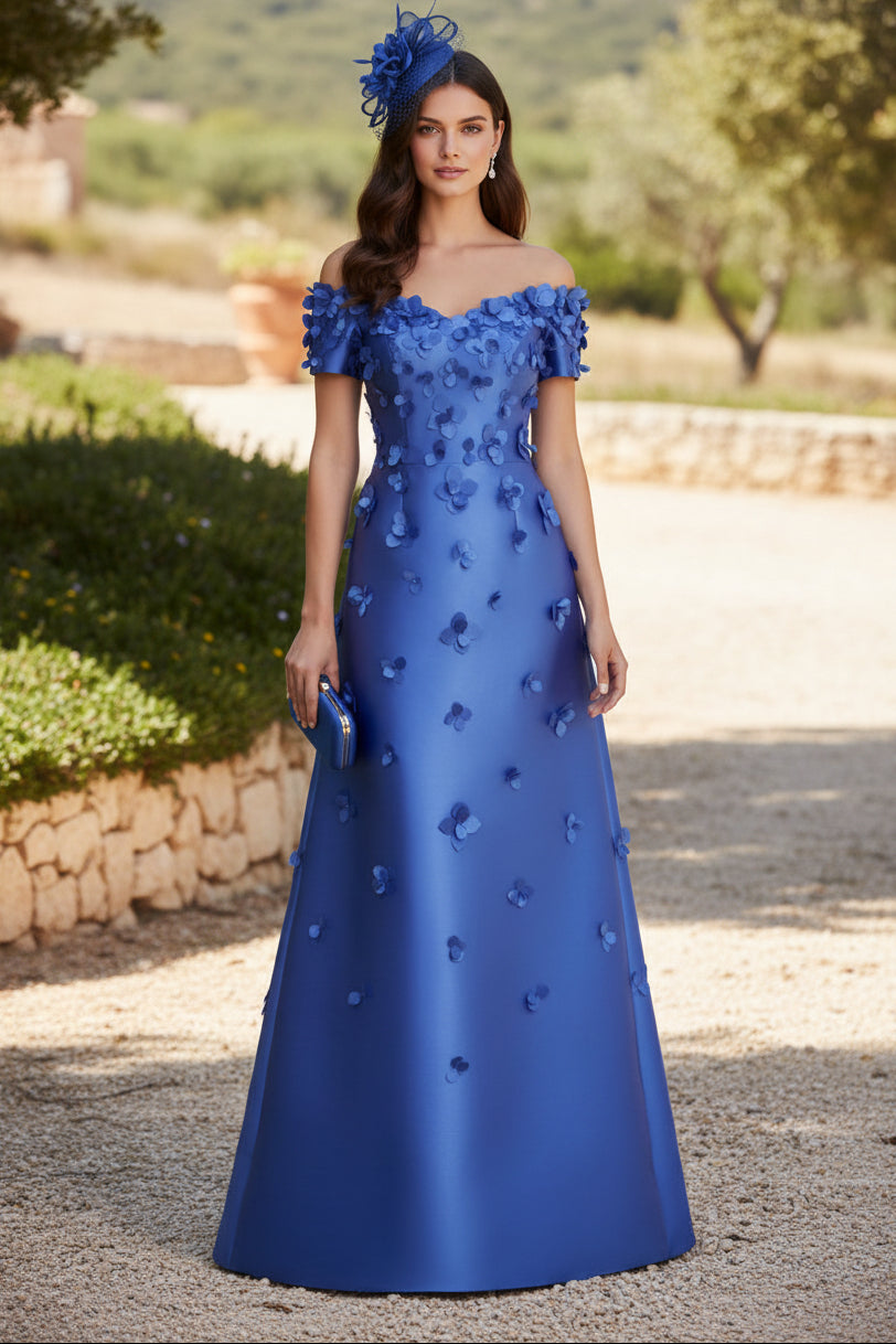 Off-the-Shoulder 3D Floral Applique Evening Gown