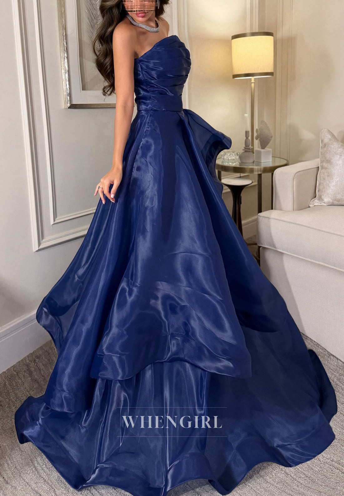 Strapless Ruched Gown with Cascading Ruffle