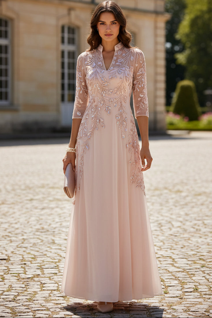 Illusion Beaded A-Line Evening Gown with 3/4 Sleeves