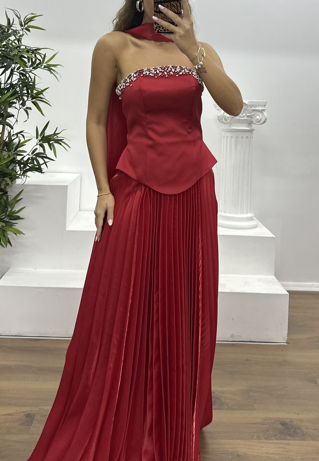 Embellished Strapless Top and Pleated Skirt Set