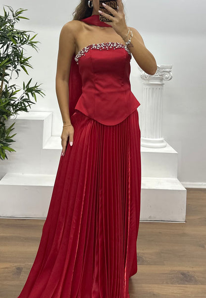 Embellished Strapless Top and Pleated Skirt Set