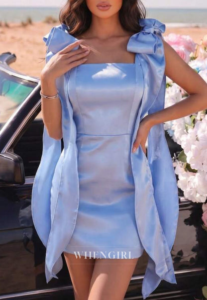 Satin Square Neck Mini Dress with Shoulder Bows