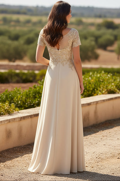 Lace Applique Gown with Slit and Keyhole Back