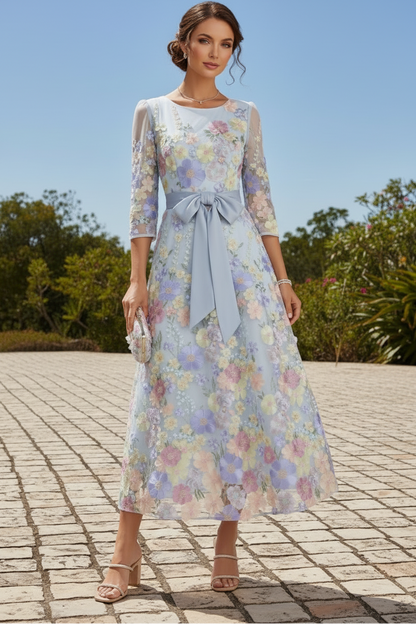 Floral Embroidered 3D Applique Tea-Length Dress