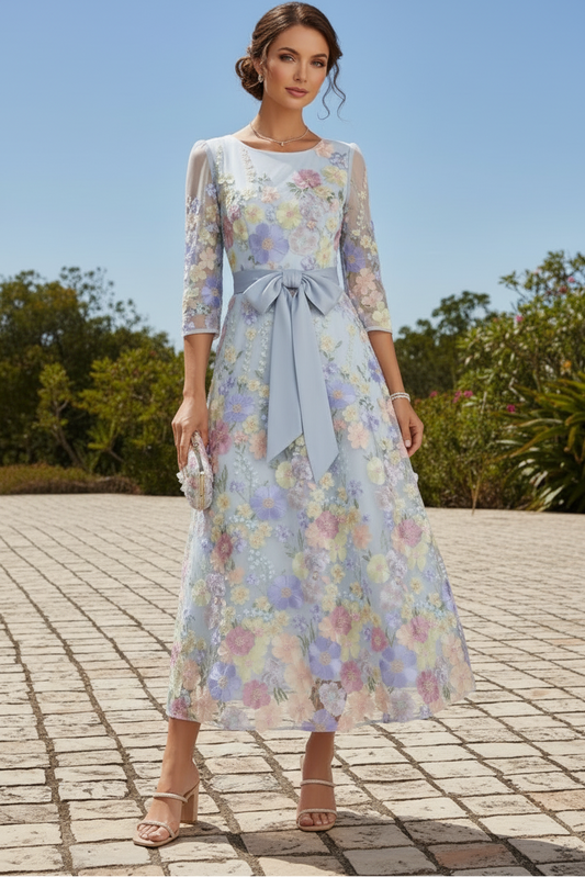 Floral Embroidered 3D Applique Tea-Length Dress