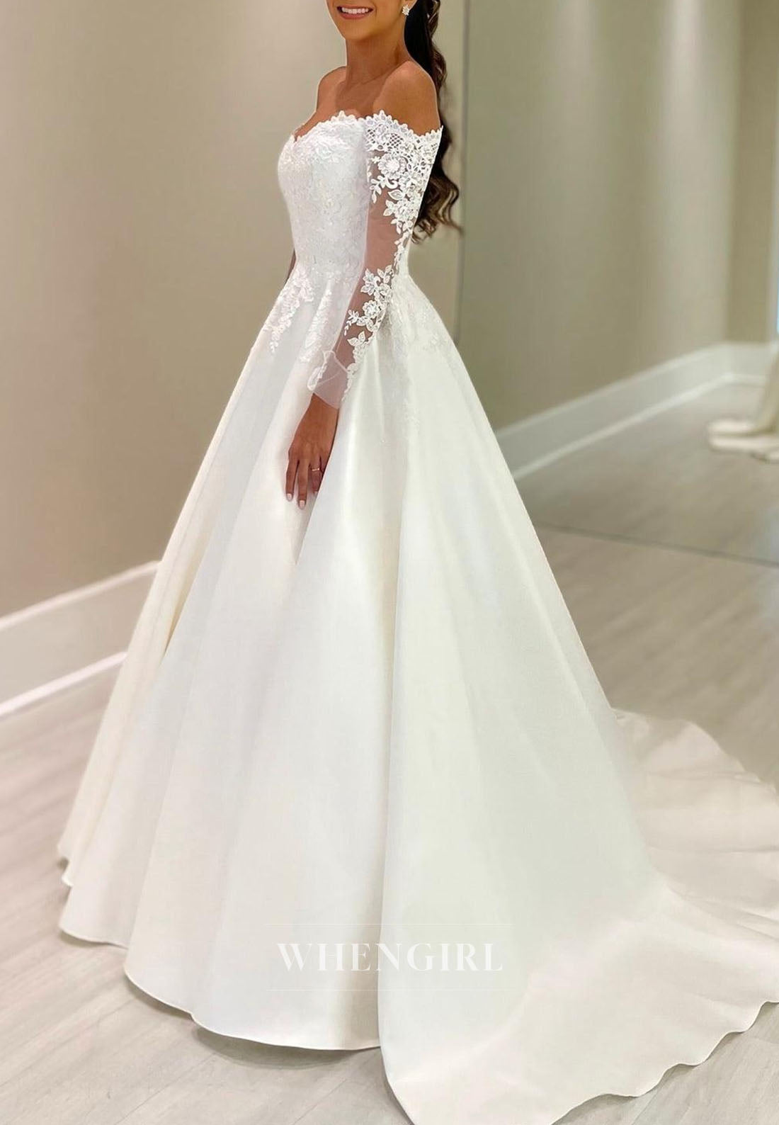 Off-the-Shoulder Lace Sleeve A-Line Bridal Gown