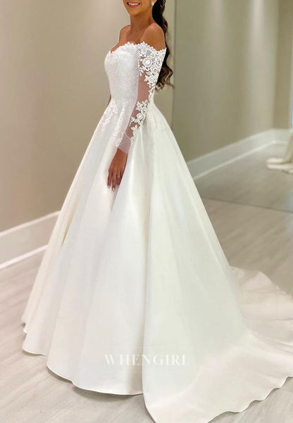 Off-the-Shoulder Lace Sleeve A-Line Bridal Gown