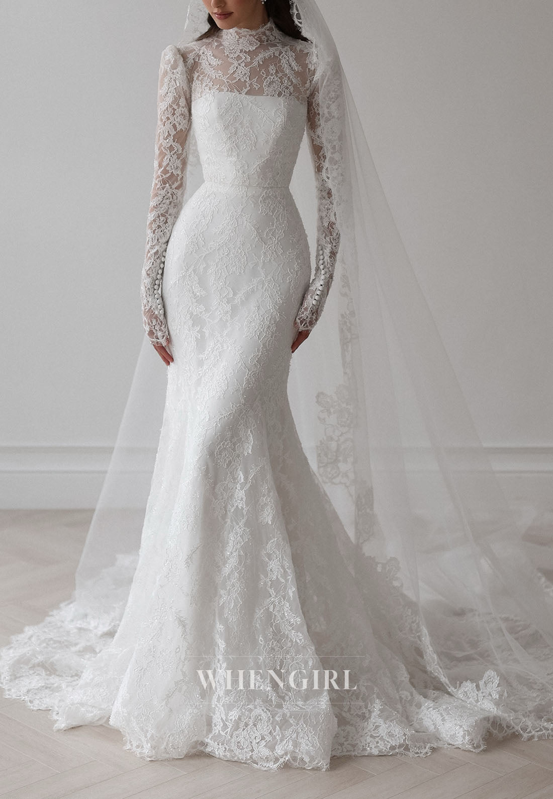 High Neck Lace Wedding Dress with Overskirt