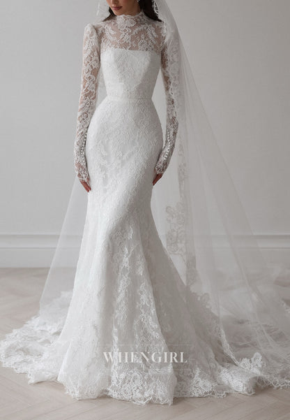 High Neck Lace Wedding Dress with Overskirt