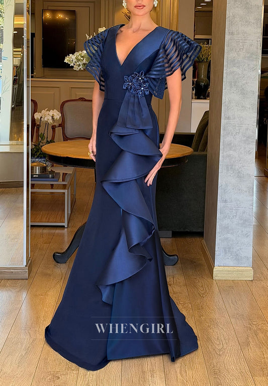 Flutter Sleeve V-Neck Gown with Cascading Ruffle