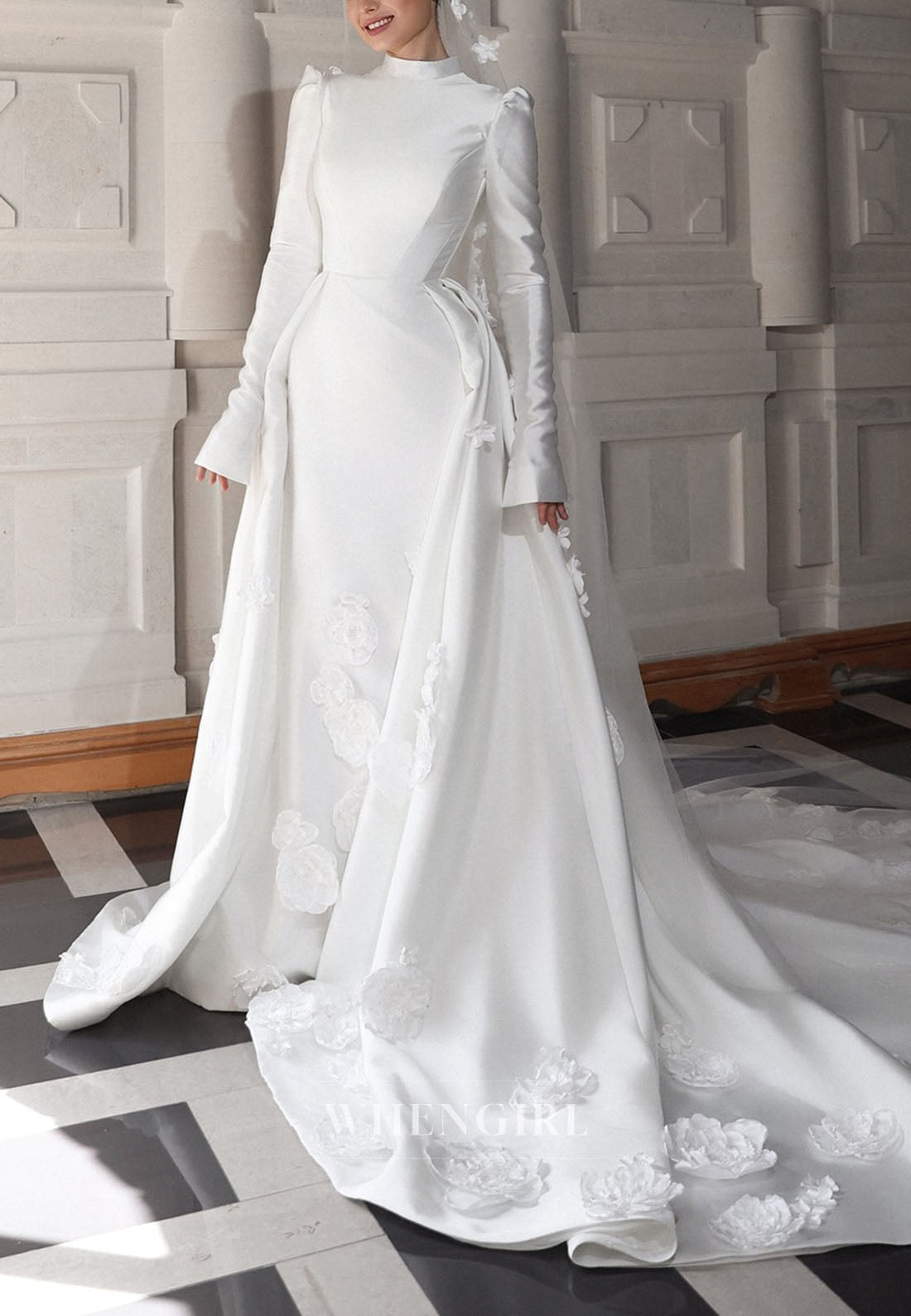 High Neck Satin Wedding Dress with 3D Flowers