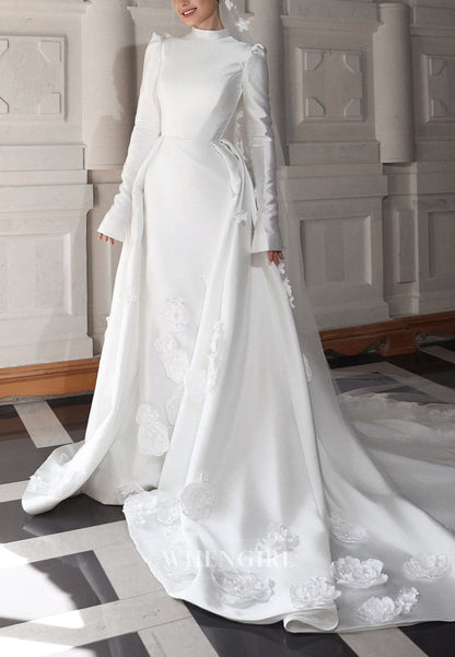 High Neck Satin Wedding Dress with 3D Flowers