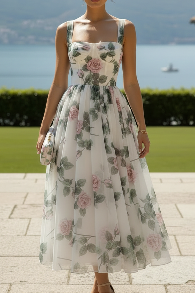 Romantic Floral Organza A-Line Midi Dress