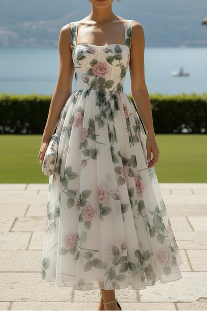 Romantic Floral Organza A-Line Midi Dress