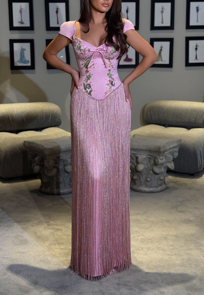 Floral Embroidered Corset Gown with Fringe Skirt