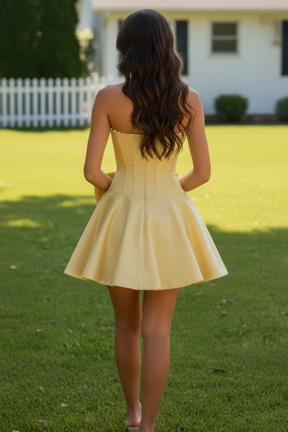 Strapless Corset Taffeta Mini Dress with Bow