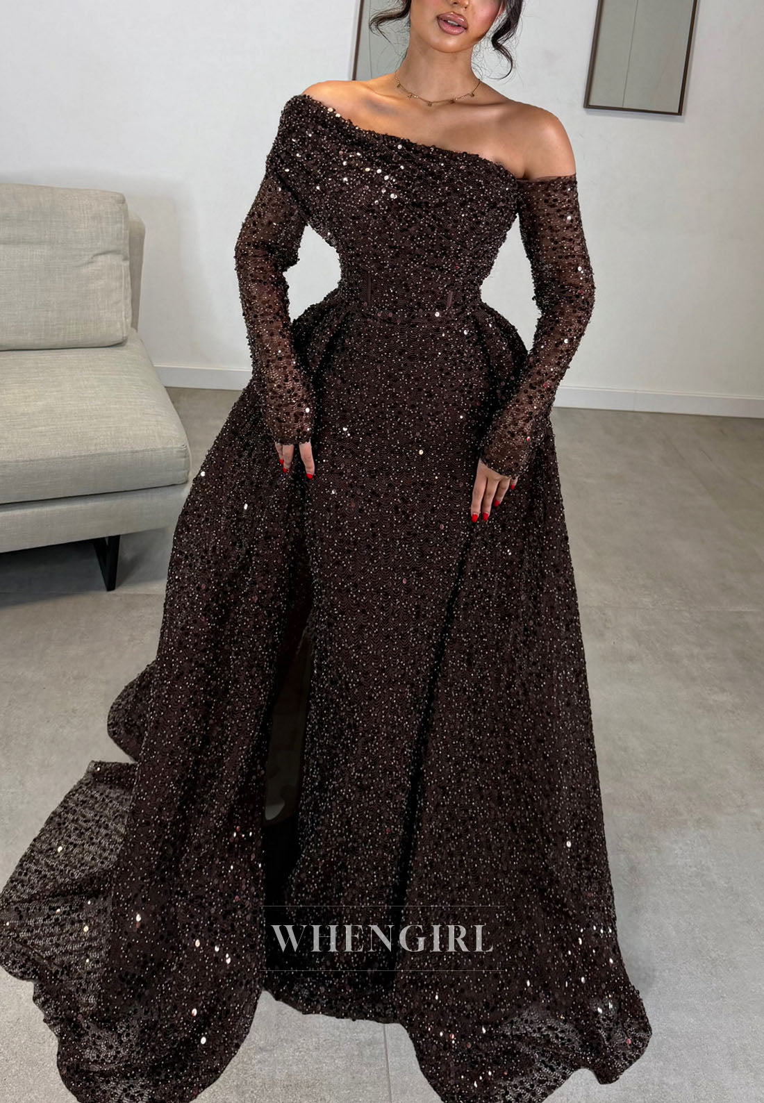 Sequined Off-the-Shoulder Gown with Overskirt
