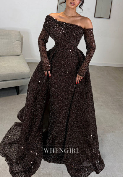 Sequined Off-the-Shoulder Gown with Overskirt