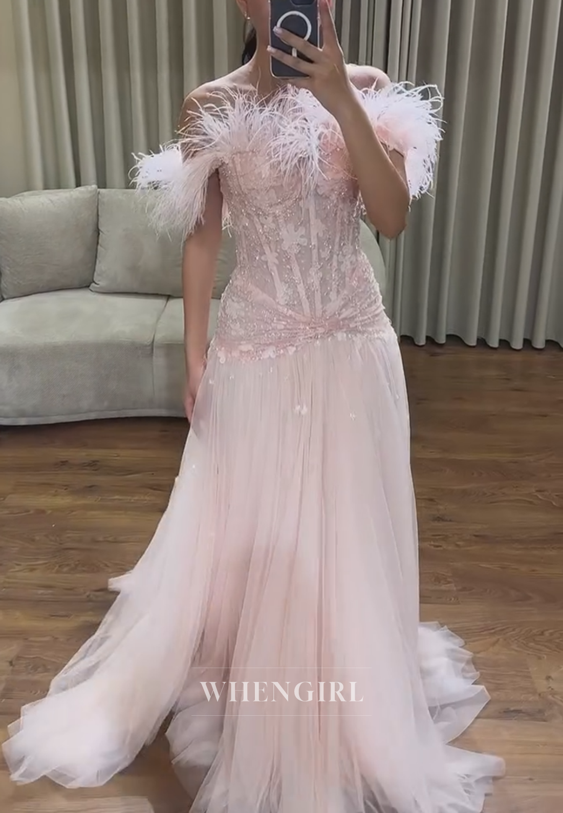Feather Off-the-Shoulder Corset Evening Gown