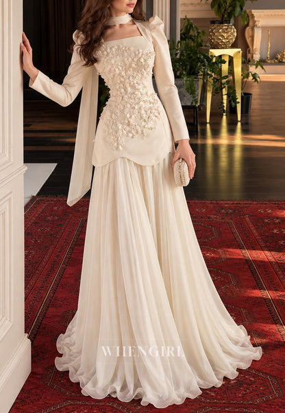 Floral Applique Peplum Gown with Chiffon Skirt