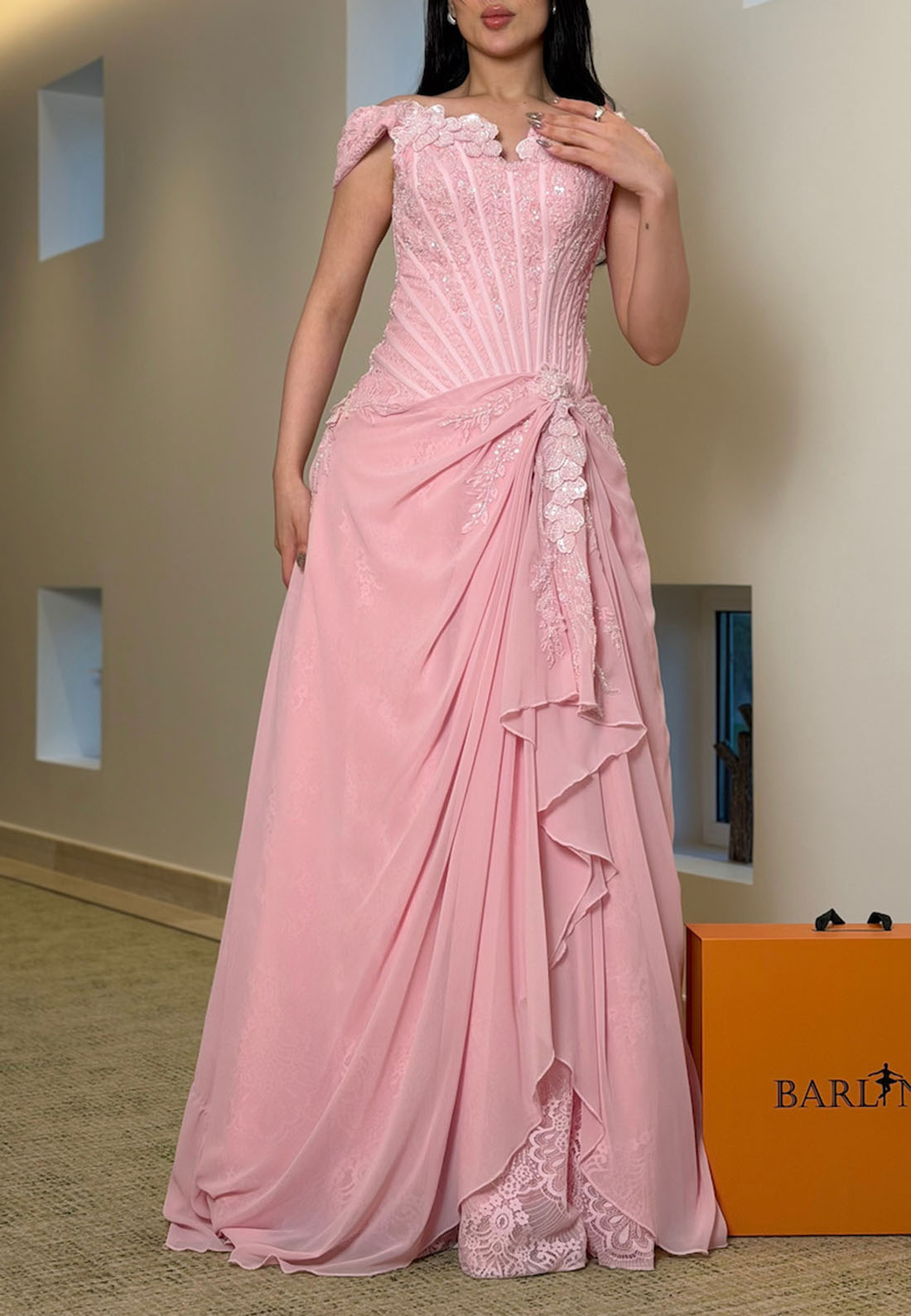 Off-the-Shoulder Corset Evening Gown with Draped Skirt