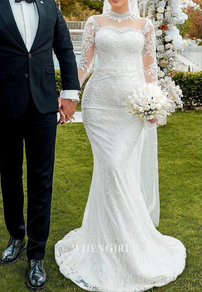 High Neck Illusion Lace Mermaid Wedding Dress
