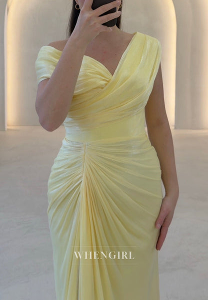 Off-the-Shoulder Ruched Evening Gown with High Slit