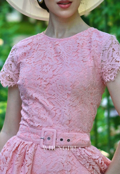 Lace Midi Dress with Overskirt and Belt