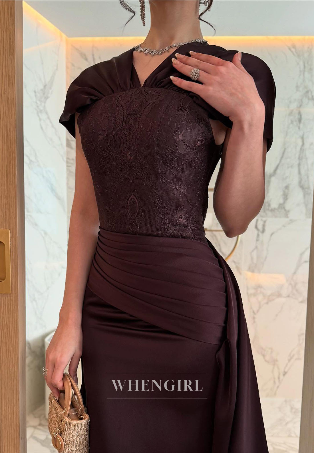 Gathered Shawl Collar Evening Gown with Train
