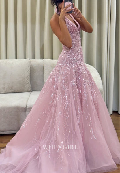 Embellished Halter Tulle Mermaid Formal Gown