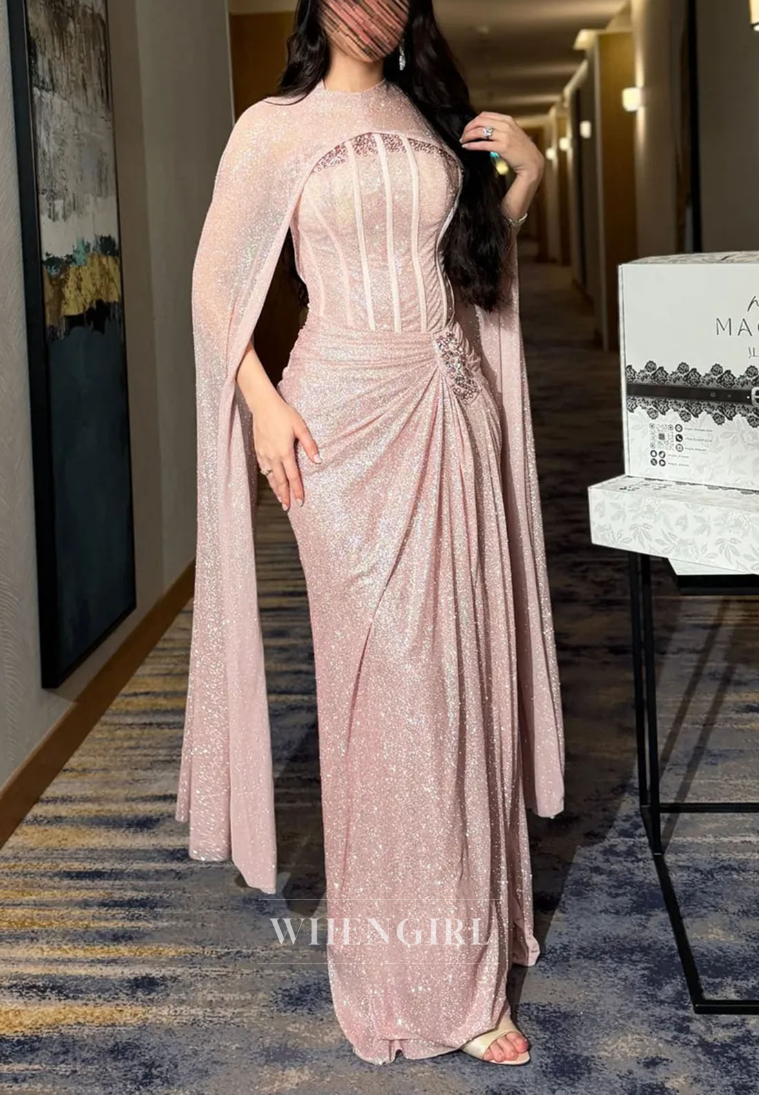 Glitter Corset Evening Dress with Cape Sleeves