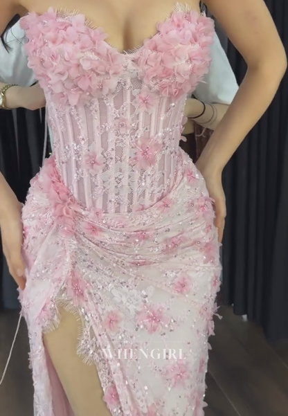 Floral Applique Corset Gown with Slit