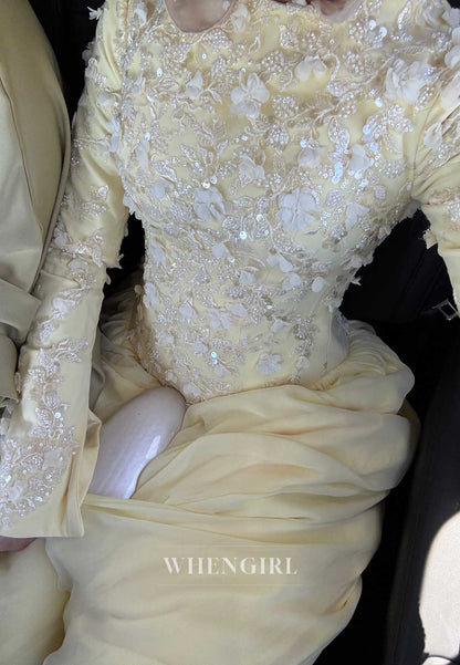 High Neck 3D Floral Applique Long Sleeve Gown