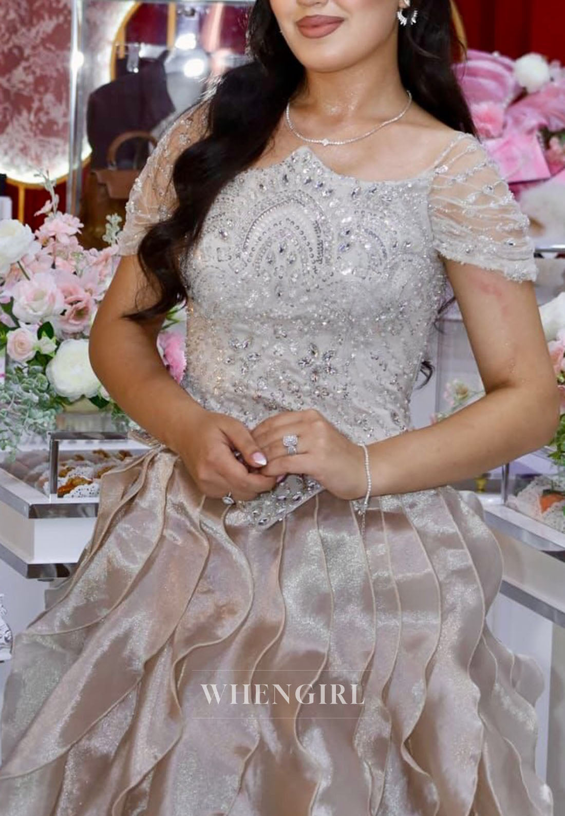 Beaded Bodice Tiered Ruffle Ball Gown