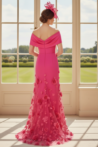 Off-Shoulder Floral Applique Evening Gown