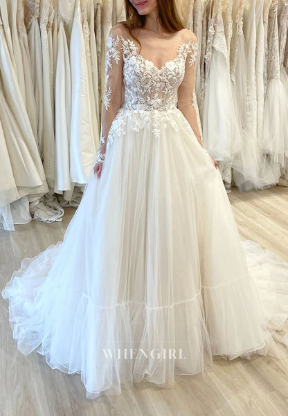 Floral Lace Illusion Long Sleeve Tulle Wedding Dress