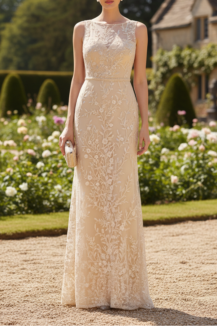 Illusion Neck Floral Lace Column Gown with Shawl