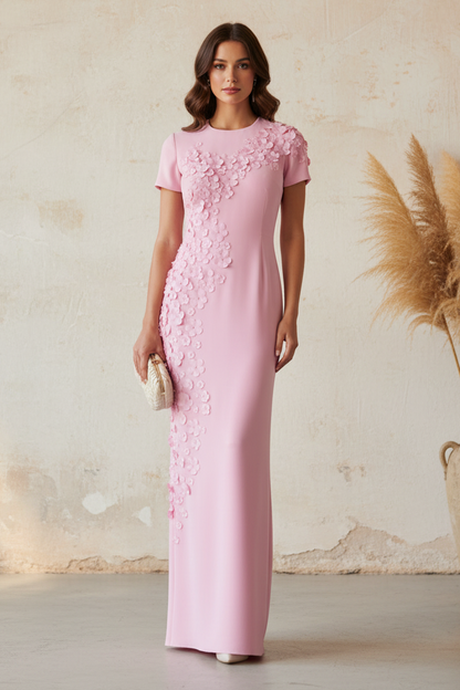 Elegant Pink Short Sleeve Sheath Evening Dress with 3D Floral Appliques