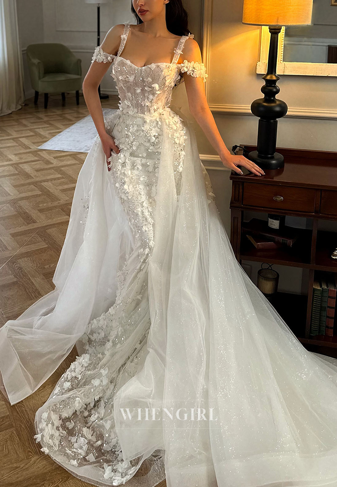 Floral Applique Mermaid Bridal Gown with Overskirt