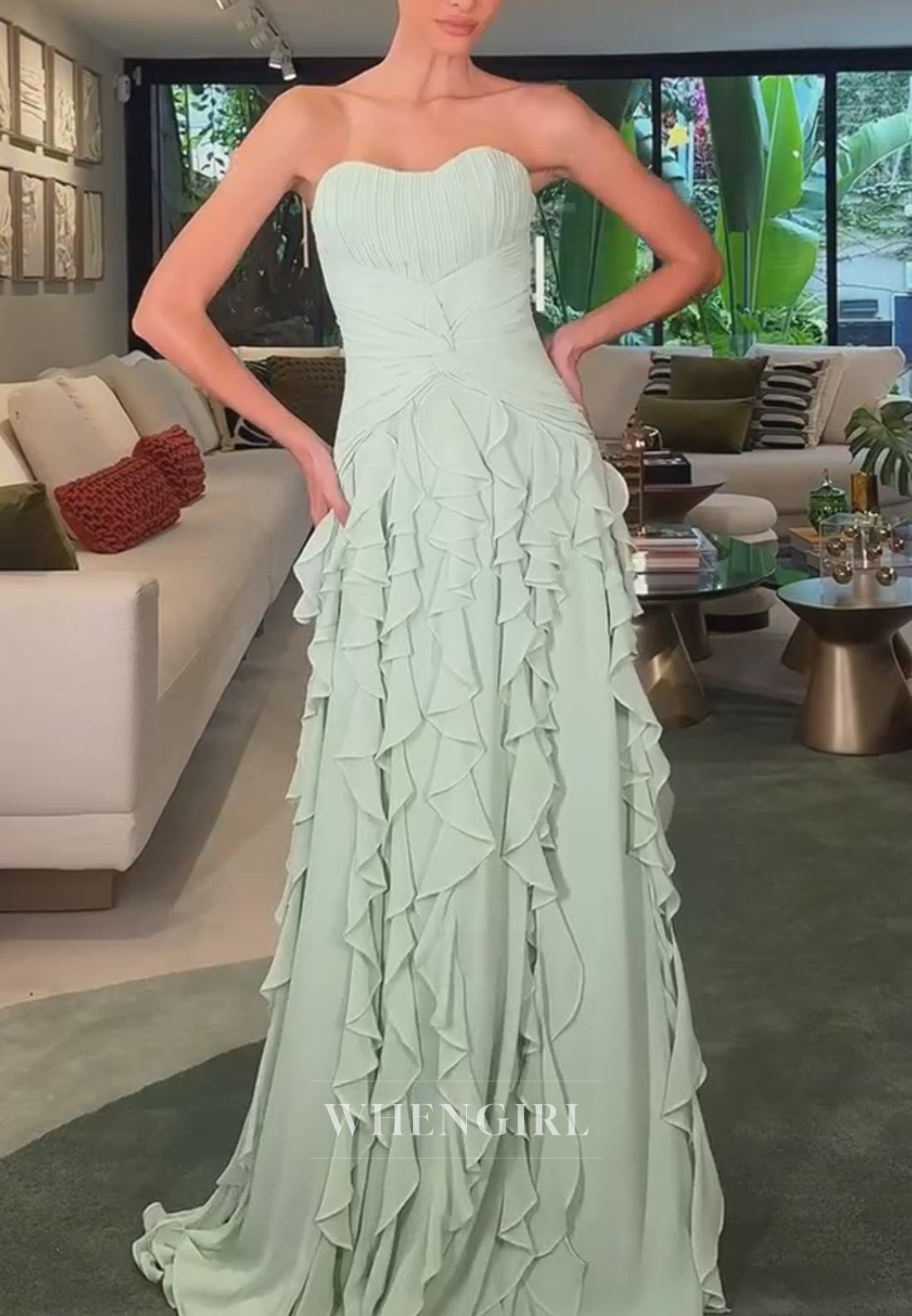 Strapless Cascading Ruffle Tiered Gown