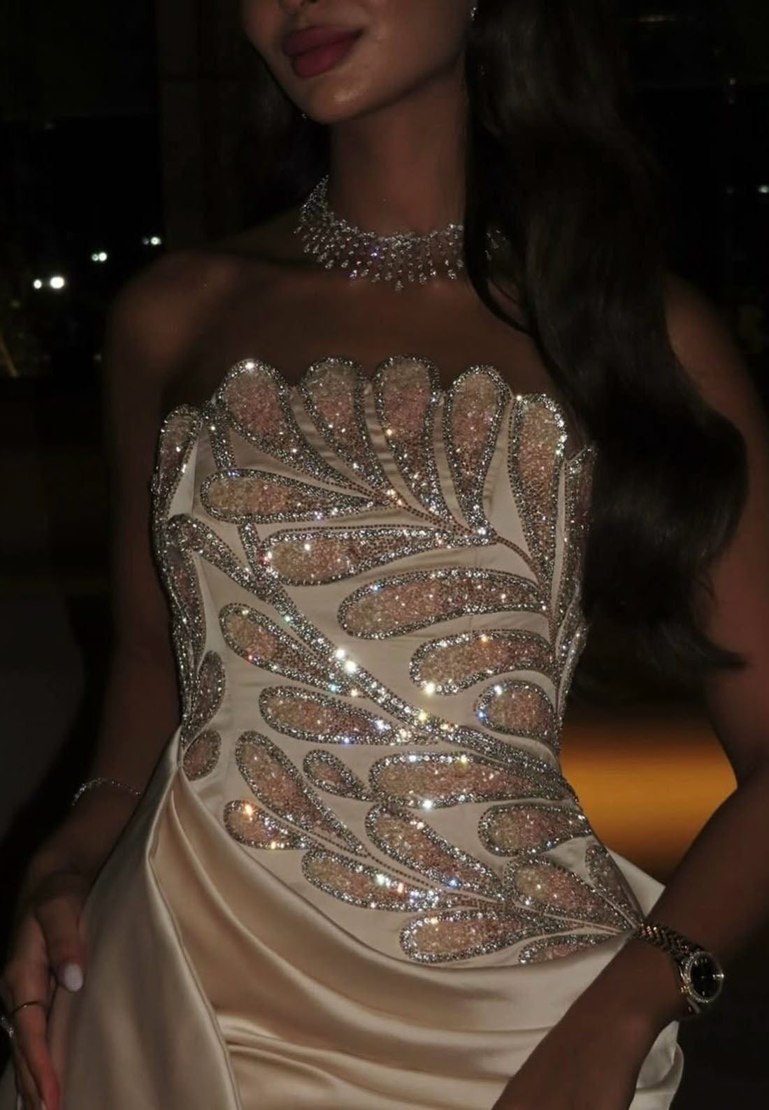 Strapless Embellished Gown with Side Draping