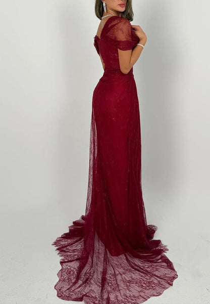 Ruched Off-the-Shoulder Lace Evening Gown with Train