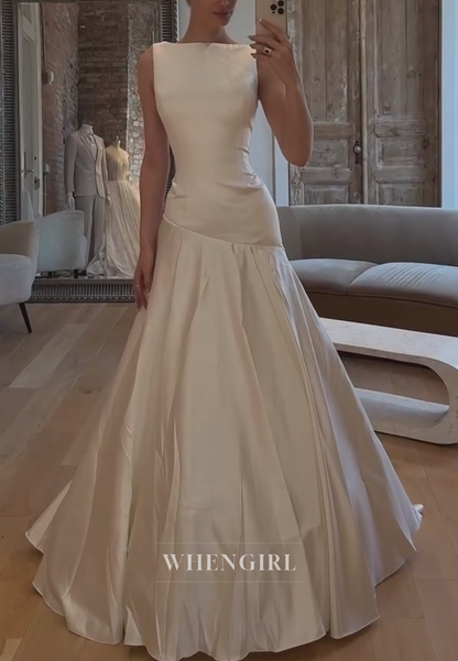 Bateau Neck Drop-Waist Satin Wedding Dress