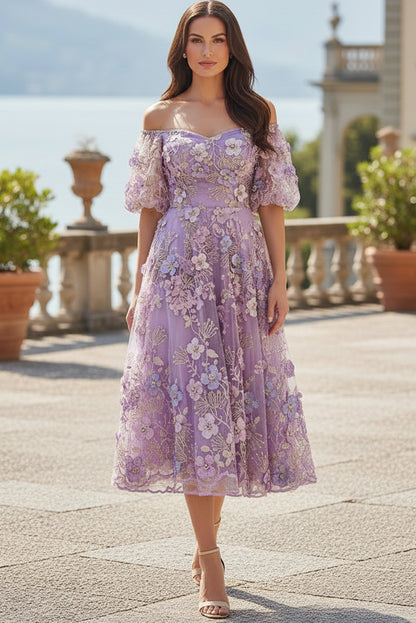 Embroidered 3D Floral Off-the-Shoulder Midi Dress