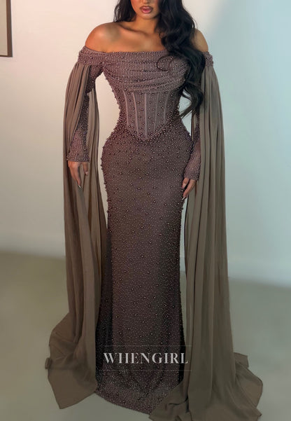 Pearl Beaded Off-the-Shoulder Corset Cape Gown