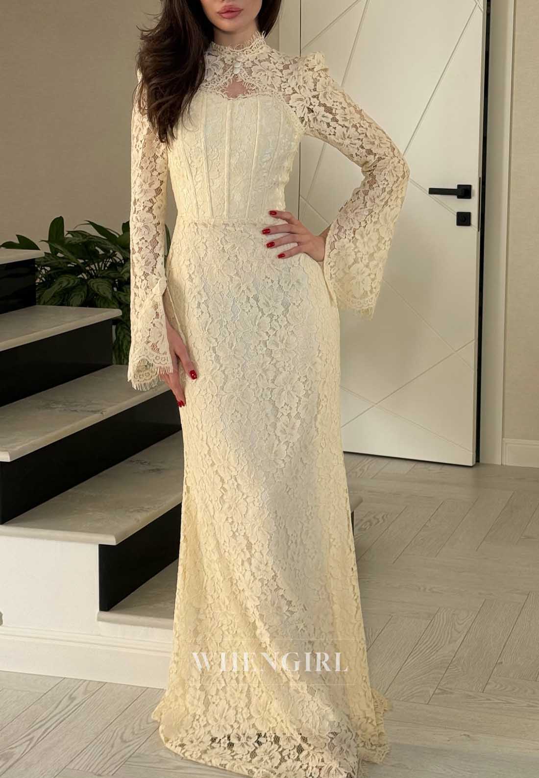 High Neck Bell Sleeve Lace Corset Formal Gown
