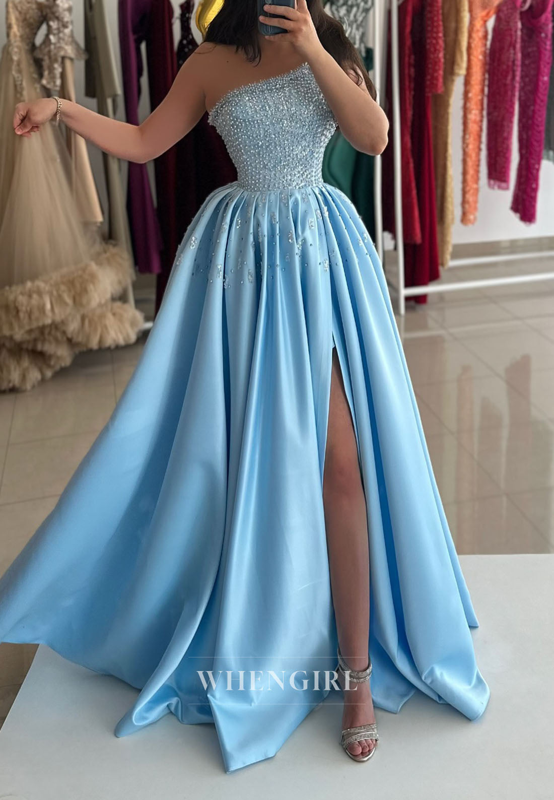One-Shoulder Beaded A-Line Gown with Slit